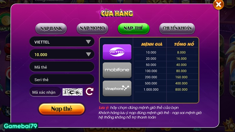 Các phương thức nạp và rút tiền được cổng game lựa chọn