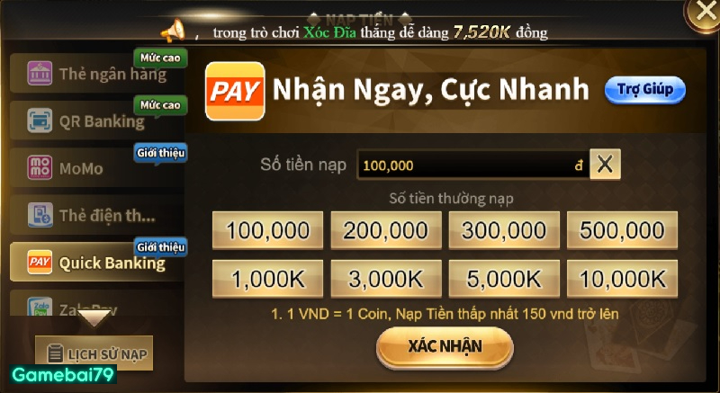 Nạp tiền cá cược qua hình thức Code Pay