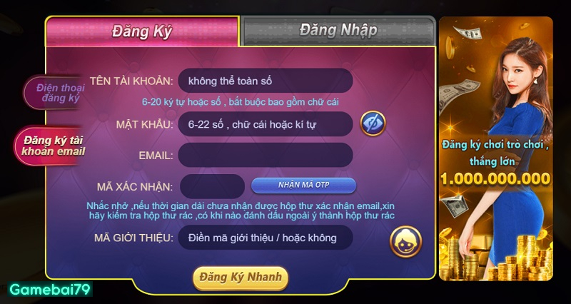 Sử dụng email để đăng ký tài khoản nhanh