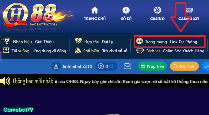 Link dự phòng được công khai trên website chính thức của nhà cái